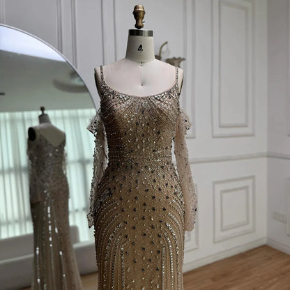Luxury Nude Navy Blue Silver Beaded Evening Dress with Long Sleeves LA73120
