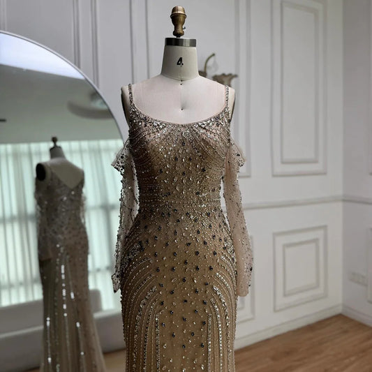 Luxury Nude Navy Blue Silver Beaded Evening Dress with Long Sleeves LA73120