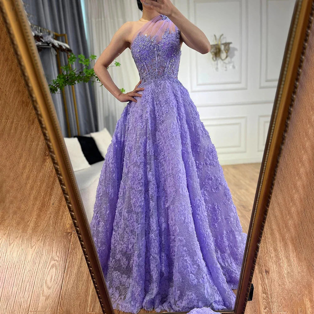 Serene Hill 2025 Arabic Lilac One-Shoulder A-Line Lace Appliques Luxury Prom Dress for Formal Occasion LA72619