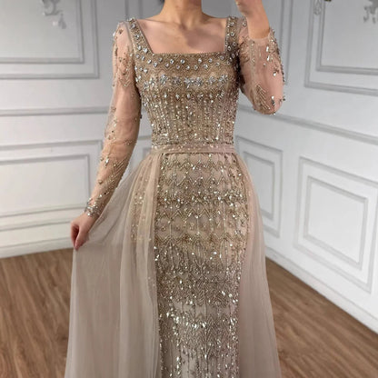 Luxury Arabic Square Neck Beaded Mermaid Evening Dress LA72714D