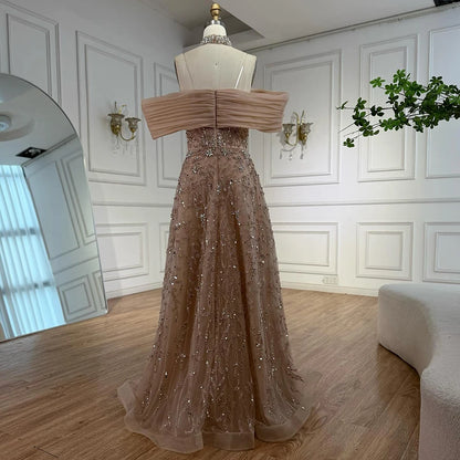 Glamorous Silver Gray Off-Shoulder Beaded Evening Dress LA73062