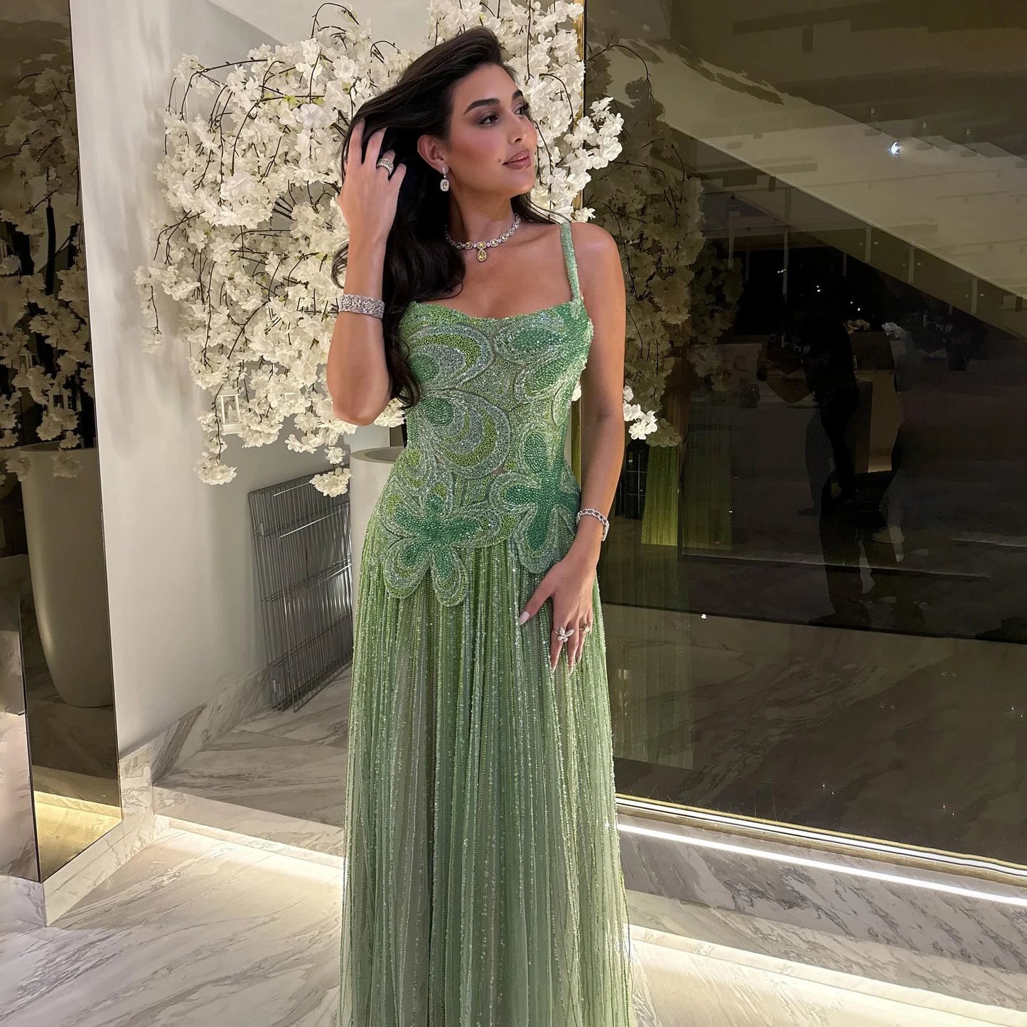 Luxury Arabic Green Beaded Spaghetti Strap Evening Dress LA73332