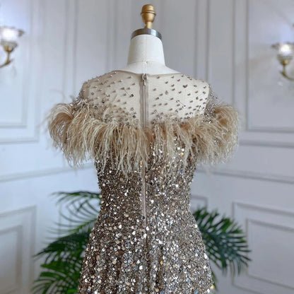 Luxury Caramel Feather Beaded A-Line Evening Dress LA71720