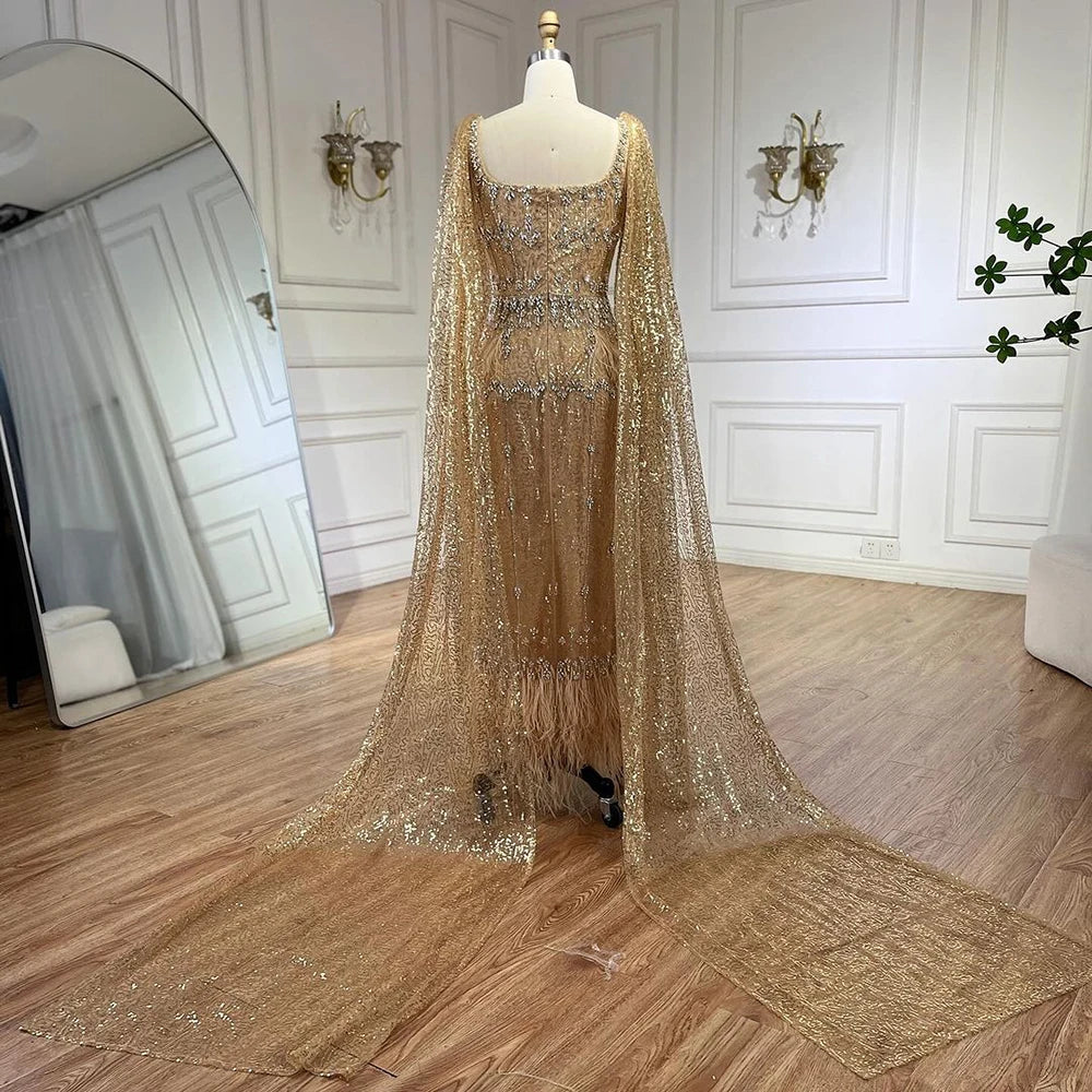 Bling Gray Mermaid Feather Arabic Midi  Evening Dress with Cape LA72334