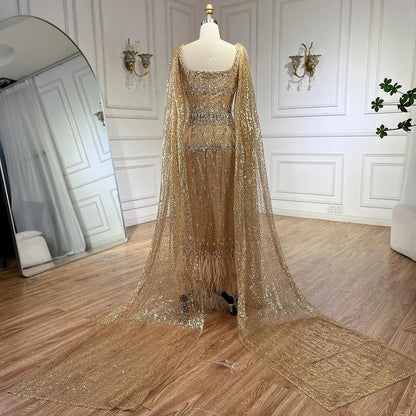 Bling Gray Mermaid Feather Arabic Midi  Evening Dress with Cape LA72334