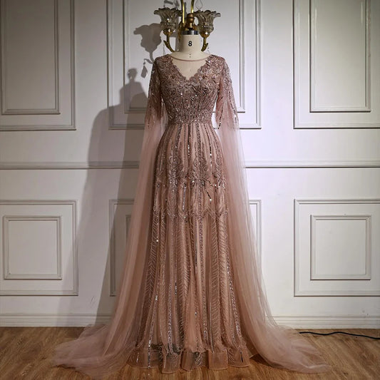 Elegant Beaded A-Line Evening Dress with Cape Sleeves LA73056