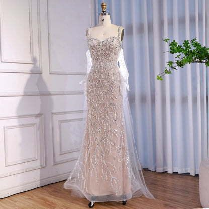 Luxury Lace Pearls Mermaid Evening Dress With Glove White Nude LA72345E