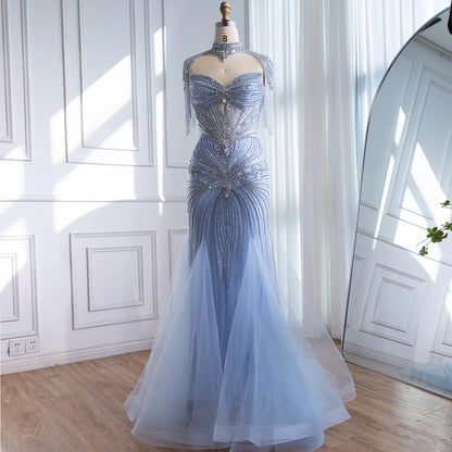 Luxury Dubai Beaded Blue Pink Evening Dress with Tassel Cape LA72897A