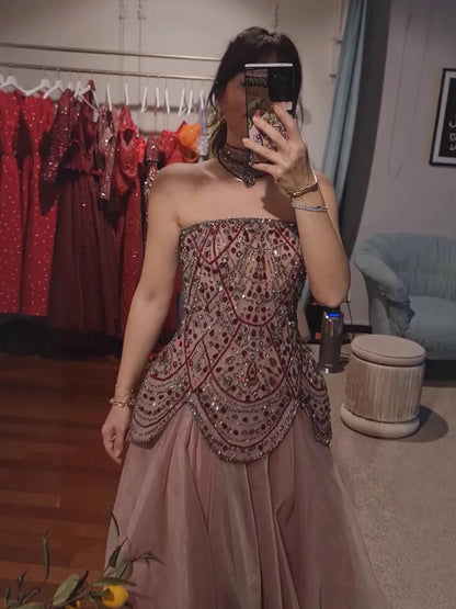 Luxury Wine Red Arabic Beaded A-Line Evening Dress LA73377