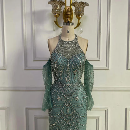 Luxury Turquoise Mermaid Evening Dress Detachable Sleeves LA72925