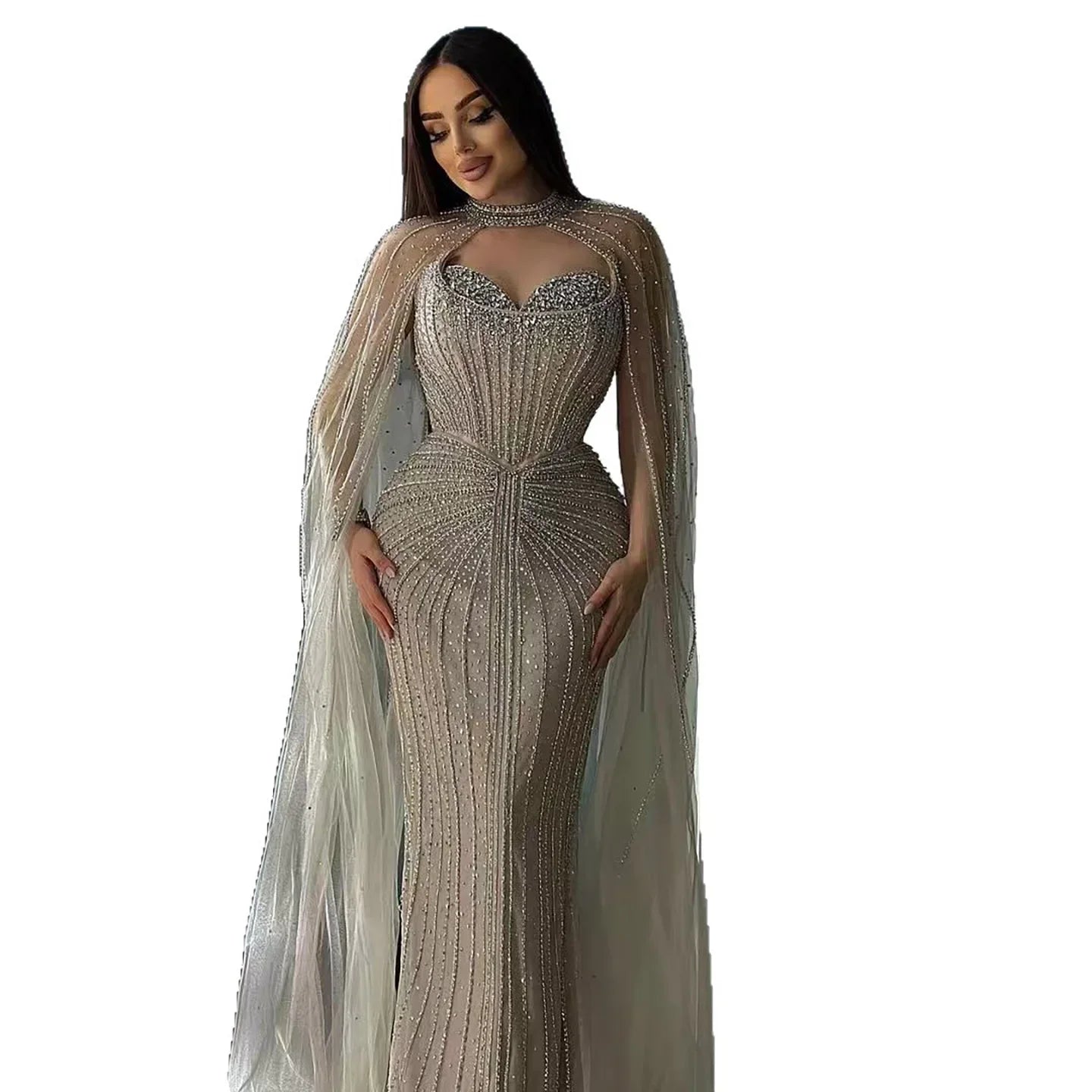 Luxury Dubai Caramel Beaded Evening Dress With Cape LA72811C