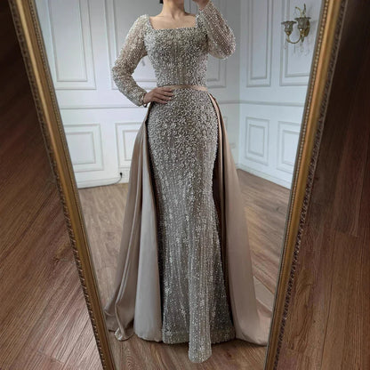Luxury Arabic Turquoise Mermaid Beaded Evening Gown with Overskirt LA72533A