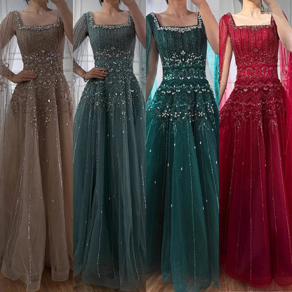 Luxury Caramel A-Line Beaded Evening Dress with Cape Sleeves LA73089A