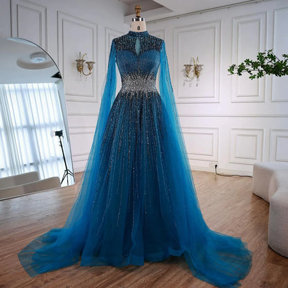 Luxury Modest Blue Beaded Evening Dress with Cape LA73059