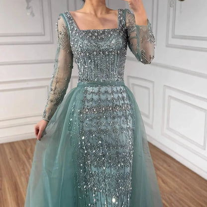 Luxury Arabic Square Neck Beaded Mermaid Evening Dress LA72714D