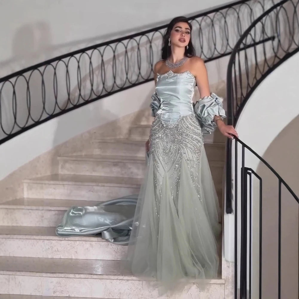 Luxury Sage Green Beaded Mermaid Evening Dress with Balloon Sleeves LA73201