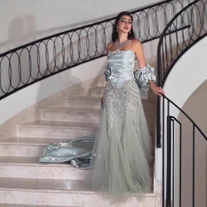 Luxury Sage Green Beaded Mermaid Evening Dress with Balloon Sleeves LA73201