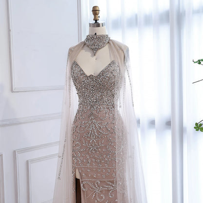 Luxury Sexy Split Evening Dress With Cape Nude LA73339