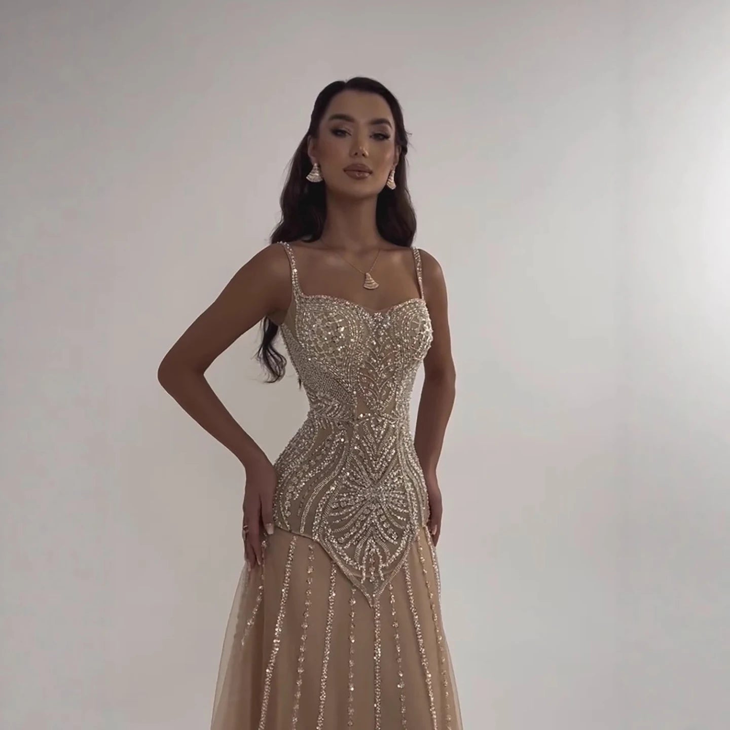 Luxury Nude Beaded A-Line Evening Dress for Women Party LA73189A