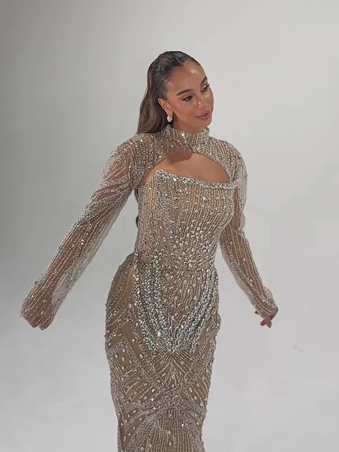 Luxury Arabic Nude Crystal Beaded Mermaid Evening Dress with Jacket LA73376