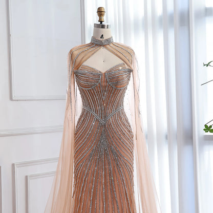 Luxury Nude Mermaid Evening Dress with Cape Sleeves LA73118