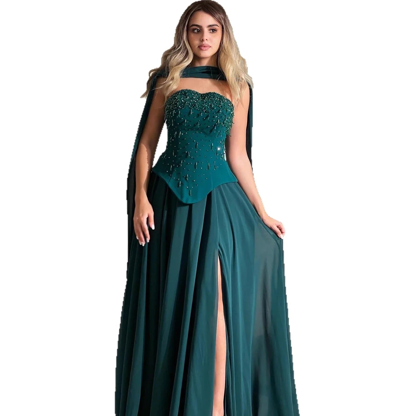 Luxury Green Beaded Corset Evening Dress with Cape LA73367