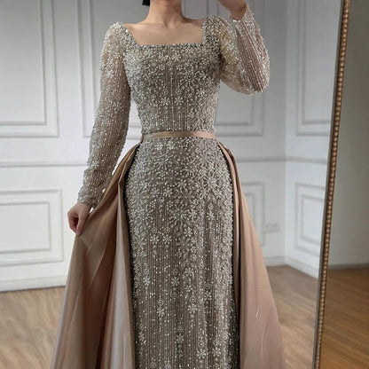 Luxury Arabic Turquoise Mermaid Beaded Evening Gown with Overskirt LA72533A