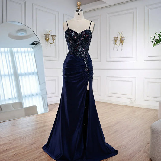 Classy Navy Satin Prom Dress with Lace Beaded and Slit LA73003