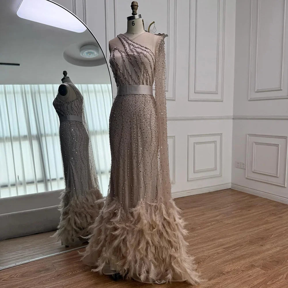 Elegant Nude One Shoulder Feather Beaded Mermaid Evening Dress LA71096