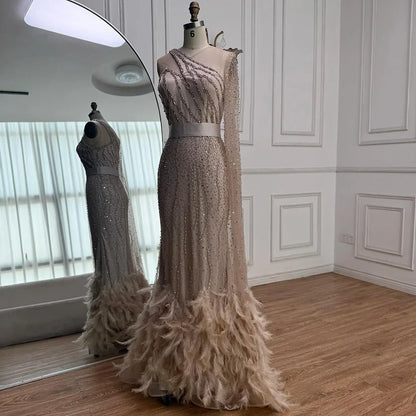 Elegant Nude One Shoulder Feather Beaded Mermaid Evening Dress LA71096