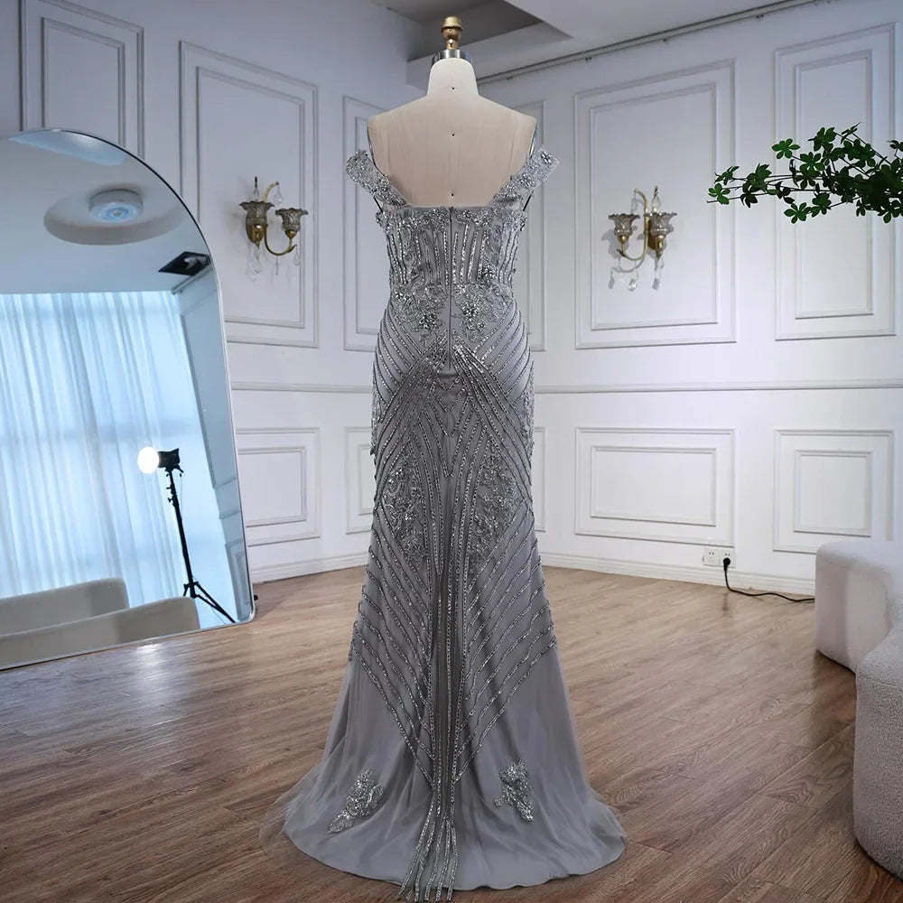 Luxury Silver Gray Off Shoulder Mermaid Evening Dress LA73018