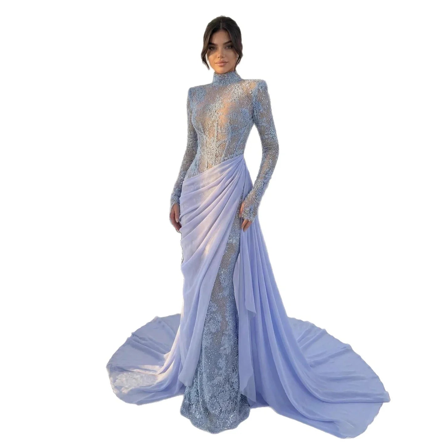 Luxury Blue High Neck Long Sleeves Beaded Mermaid Evening Dress LA73407