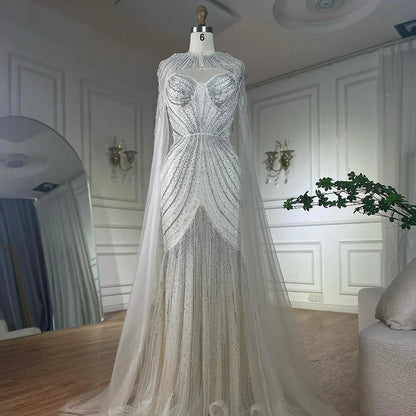 Luxury Dubai Arabic Blue Spaghetti Straps Beaded Evening Gown with Detachable Cape Dress for Formal Occasion  LA72784