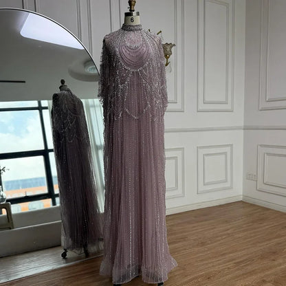Luxury Silver Nude Beaded Mermaid Evening Dress with Cape LA72484A