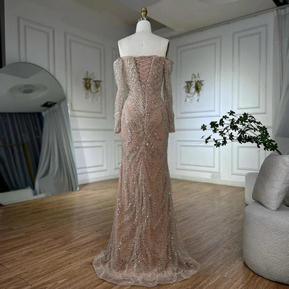 Luxury Beaded Evening Dress Off-Shoulder Long Sleeves Sequins LA72824A