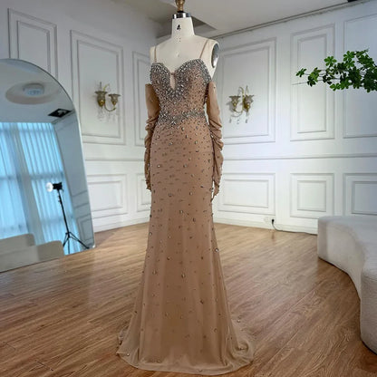 Luxury Nude Beaded Dress with Detachable Sleeves LA73065