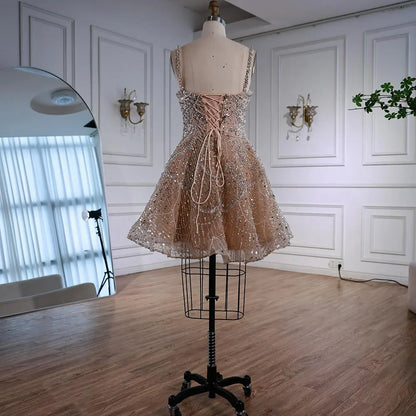 Luxury Nude Crystal Beaded A-Line Short Cocktail Party Dress LA72983