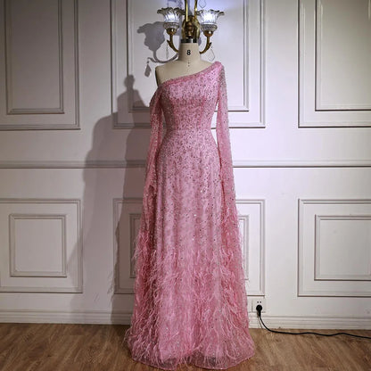 Luxury Feather One Shoulder Evening Dress with Cape Sleeves LA72763