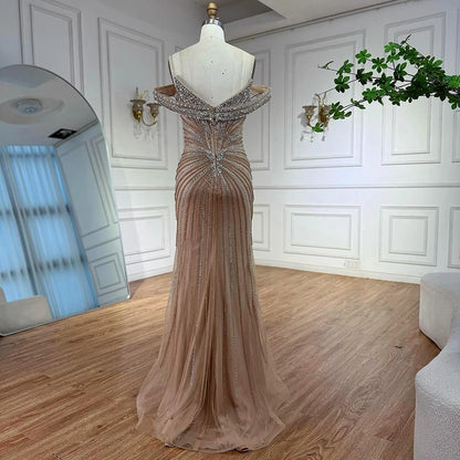 Luxury Nude Arabic Crystal Beaded Mermaid Off Shoulder Evening Dress LA73128