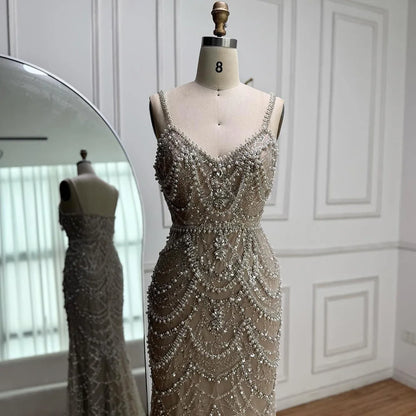 Nude Beaded Mermaid Evening Dress with Pearls LA72986A