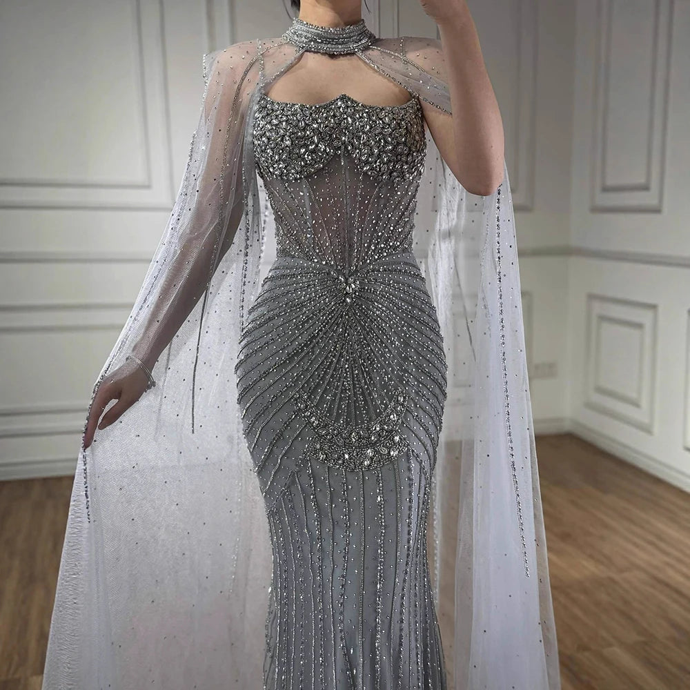 Luxury Turquoise Crystal Beaded Evening Dress with Cape LA73202