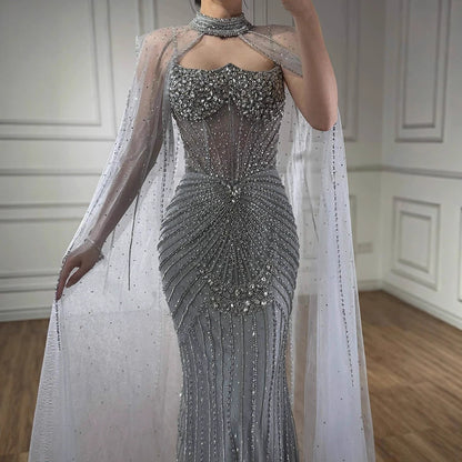 Luxury Turquoise Crystal Beaded Evening Dress with Cape LA73202