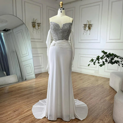 Luxury Dubai  Elegant White Arabic Evening Gown with Crystal Beaded Dress and Gloves for Formal Occasion LA72758