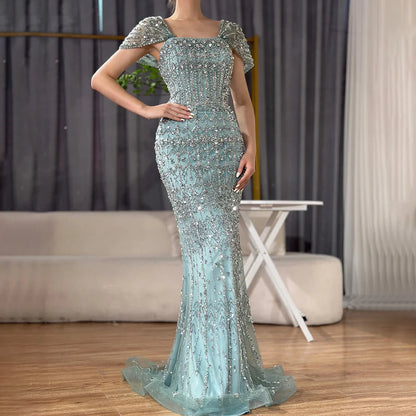 Luxury White Mermaid Beaded Evening Dress with Short Sleeves LA72714