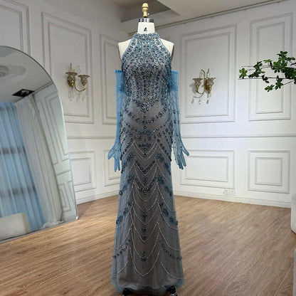 Luxury Dubai Arabic Blue Beaded Evening Dress with Gloves LA72760A