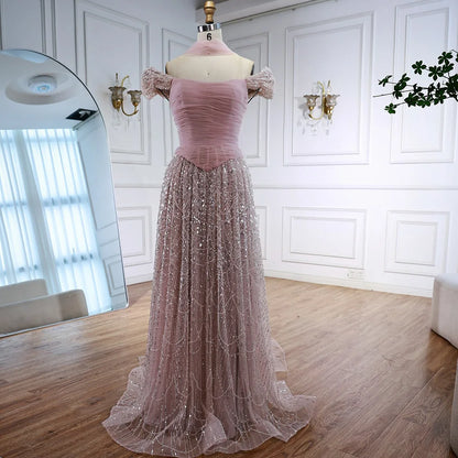 Luxury Arabic Pink Pearls Beaded Evening Dress With Cape LA72922