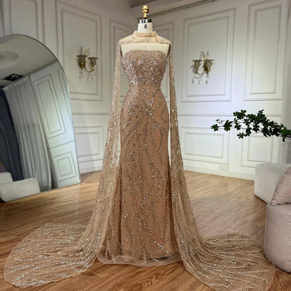 Luxury Nude Beaded Evening Dress with Cape Sleeves LA72824