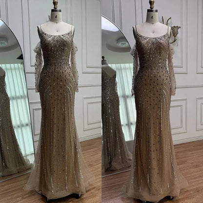 Luxury Nude Navy Blue Silver Beaded Evening Dress with Long Sleeves LA73120