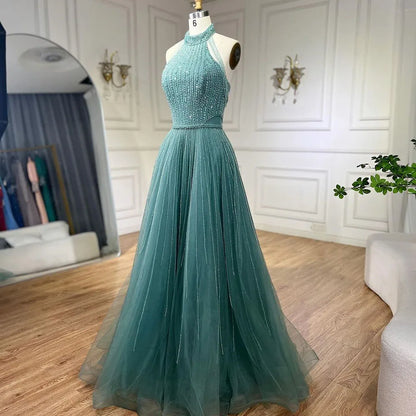 Luxury Arabic Blue Sequin Tassel Halter A Line Evening Dress LA72227