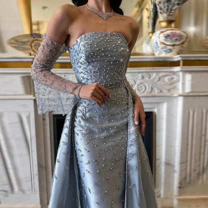 Dubai Luxury Blue Beaded Pearls Evening Gown with Overskirt LA72705
